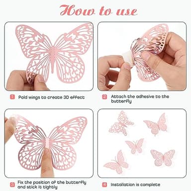 3D Pink Butterfly Wall Decor 3 Sizes 4 Styles Butterfly Party Decorations Cake Decorations Removable Stickers Wall Decor Room Mural Metallic Kids (Pink, 48Pcs) - Image 4