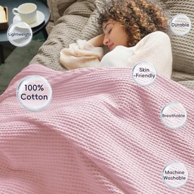 PHF Pre-Washed Cotton Waffle Weave Blanket King Size for Bed,Snag Proof Throw Blanket for Couch Spring Summer Lightweight Breathable,Oeko-TEX Certified,Machine Washable, Home Decor Gift，Pink - Image 3