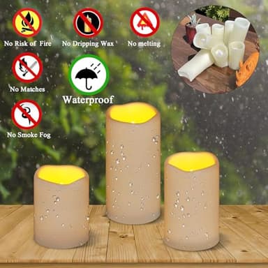 Artmarry Flameless Candles 4" 5" 6" Set of 3 Ivory Outdoor Indoor Pillars 3" Diameter Battery Operated Flickering Candles Include 10-Key Remote Timer Function 400+ Hours Requires 2 AA Batteries - Image 2