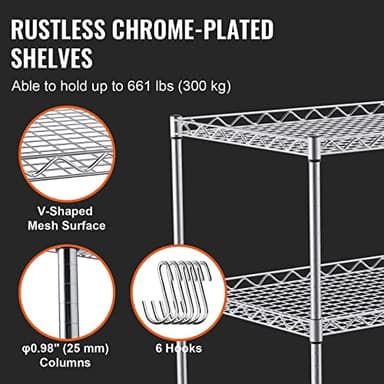 VEVOR Kitchen Utility Cart, 3 Tiers, Wire Rolling Table with 661 LBS Capacity, Steel Service Desk on Wheels, Metal Storage Trolley with 80 mm Deep Basket Curved Handle 6 Hooks - Image 3