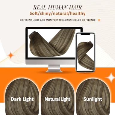 Full Shine Human Hair Clip in Extensions Brown Balayage Seamless Clip in Hair Extensions Human Hair Medium Brown with Honey Blonde Highlights Natural Seamless Look 18 Inch 8 Pcs 120 G - Image 6