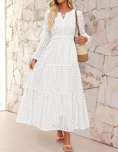 ZESICA Women's 2025 Fall Long Sleeve Maxi Dress V Neck Hollow Out Eyelet A Line Long Flowy Casual Party Dresses White Medium - Image 2