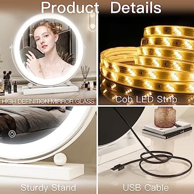 ROLOVE 13 Inch Vanity Mirror with Lights, Round Make Up Mirror with Lighting, LED Mirror Makeup Mirror with Lights for Bedroom Tabletop, Smart Touch Control, 360° Rotation (White) - Image 6