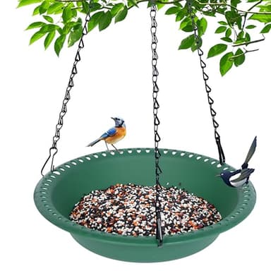 Hanging Bird Feeder Tray with Drainage Holes for Outside, Rugged Recycled Plastic Wild Bird Feeding Station (10 inch, Green) - Image 1