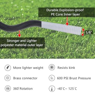HQMPC Garden Hose 5/8"IDx30' Hose Stiff And Rigid Light Weight Durable Non Kinking Water Hose Female Brass Hose Fittings 30 FEET Black - Image 8