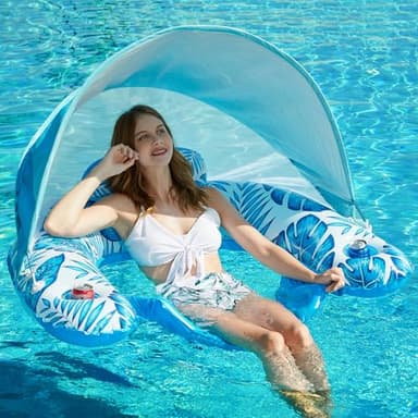 Jasonwell Pool Float with Canopy - Inflatable Pool Floaties Adult Floating Pool Chair Lounge Floats for Swimming Pool Water Chair Pool Lounger with Cup Holders Pool Toy Party Floaty for Adults - Image 1