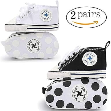 Baby Girls Boys Shoes Soft Anti-Slip Sole Newborn First Walkers Star High Top Canvas Denim Unisex Infant Sneaker (E01-2 Pairs/Black+White, 0-6 Months) - Image 3