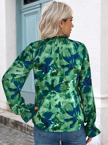 MASCOMODA Womens V Neck Floral Long Sleeve Tops 2025 Summer Casual Loose Puff Sleeve Chiffon Boho Work Blouse Dressy T Shirts(Green Flower,X-Large) - Image 5