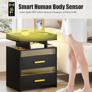 Nightstand with Charging Station and LED Lights, Night Stand with 2 Drawers, Wood Smart Bedside Table, Modern Bed Side Table for Bedroom, Black - Image 6