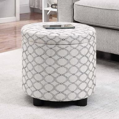 Convenience Concepts Designs4Comfort Accent Storage Ottoman 15.75" - Round Modern Upholstered Foot Stool with Tray Lid for Living Room, Family Room Storage Ottoman Seat, Ribbon Pattern Fabric - Image 2