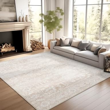 Soalmost 8x10 Area Rugs for Living Room, Stain Resistant Washable Rugs for Dining Room, Kitchen, Floral Vintage Non-Slip Thin Large Beige Rug - Image 2