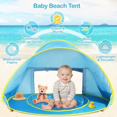 Zooawa Baby Beach Tent, Pop Up Beach Tent Sun Shade for Beach, Portable Shade Pool UV Protection Sun Shelter for Infant with Beach Sand Toys Set, No Pattern, Blue - Image 5