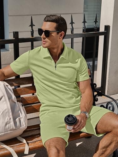 PLEPAN Polo Suits for Men 2 Piece Outfits Polo Shirts for Men Short Sleeve Sets Waffle Shirts Workout Shorts Summer Outfits Light Green XXL - Image 4