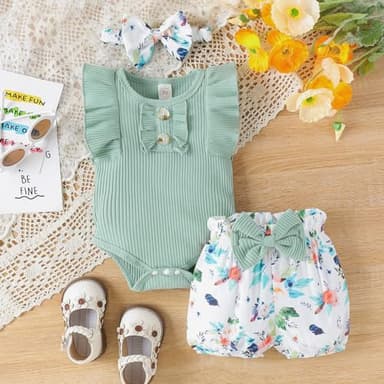 LUNFEGO Newborn Baby Girl Clothes Outfits Ruffle Romper and Short Pants with Headband Infant Bodysuits for Baby Girls 3-6 Months - Green - Image 4