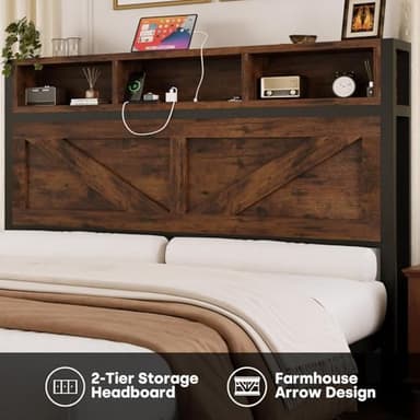 Incyneva Farmhouse Full Bed Frame with Bookcase Storage Headboard, Charging Station, LED Light and 2 Storage Drawers, Noise Free, No Box Spring Needed, Brown - Image 6