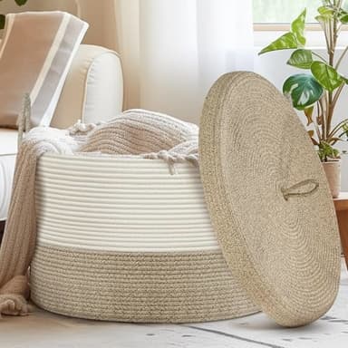 Noonkty Blanket Basket with Lid - Large Toy Basket for Baby 21.7" x 13.8" Woven Baskets Blanket Storage for Living Room Bedroom, Cotton Rope Laundry Baskets for Towels Pillow, White & Brown - Image 3