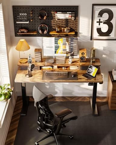 FEZIBO 55'' x 24'' Height Adjustable Electric Standing Desk with Double Drawer, Computer Workstation, Home Office Stand Up Table with 4 Height-Adjustable Feets & 2 Hooks, Vintage Brown - Image 3