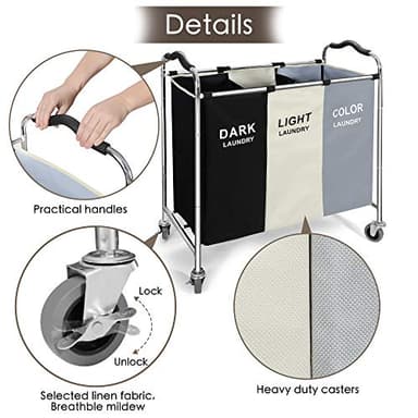 Laundry Basket with Wheels, 240l Laundry Hamper with 3 Section Laundry Bag for Dirty Clothes, Dorm Room Essentials, Towel Organization & Toys Storage Laundry Cart in Laundry Room Organization - Image 4