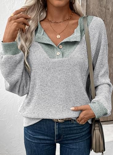 EVALESS Womens Fall Fashion 2025 Long Sleeve Shirts Patchwork Button Up V Neck Sweatshirt for Women Casual Trendy Pullover Teacher Outfits Tops Light Grey Large - Image 3