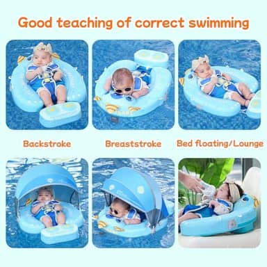 Mambobaby Float Add Tail No Flip Over Non-Inflatable Baby Swim Float Pearl Foam Solid Water Floats Smart Swim Trainer Infant Pool Float Swim Ring with Sun Canopy - Image 3