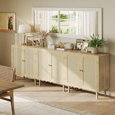 Huuger Buffet Cabinet with Storage, Storage Cabinet with PE Rattan Decor Doors, Accent Sideboard Buffet with Solid Wood Feet, for Hallway, Entry, Living Room, Natural - Image 2