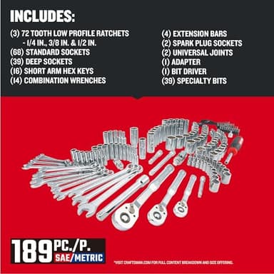 CRAFTSMAN Tool Set, 189 Piece Mechanics Tool Set, 1/4 ,3/8and 1/2 Inch Drive Socket Wrench Set with Thinner Ratchet, Steel 6 and 12point Sockets, Wrenches, Hex Keys and Specialty Bits (CMMT12134) - Image 3