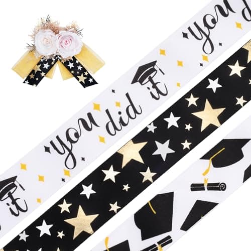 LaRibbons Graduation Ribbon 3 Rolls 1 Inch x 15 Yards TTL, Black and White Gold Congrats Grad Satin Ribbon for Gift Wrapping Class of 2025 Grad Party Decorations DIY Crafts Lei Making - Image 1