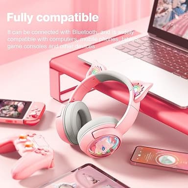 PHNIXGAM Cute Cat Bluetooth Headphones, Wireless & Wired Mode Headset with Mic, RGB LED Light, for Girls Women School Gaming, Compatible with Mobile Phones Tablet (A Pink) - Image 5