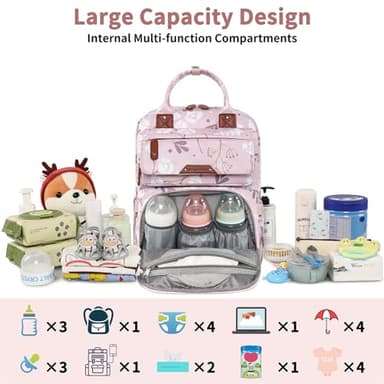 Diaper Bag Backpack for Baby Girl, Multifunction Waterproof Diaper Bag for Mom Dad, Large Pink Floral Baby Diaper Bags, Baby Essentials Travel Bag with Stroller Straps, Large Capacity, Stylish - Image 3