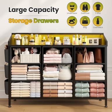 Black TV Stand Dresser for Bedroom 9 Drawers - Fabric Dresser Chest of Drawers for Living Room Hallway Closet (Black PU) - Image 5