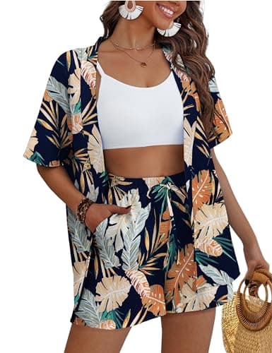 REDHOTYPE Women's 2 Piece Outfits Kimono Style Tropical Print Cover Ups Half Sleeve Blouse Shorts Set Summer Beachwear,Dark Flower 01,M - Image 1