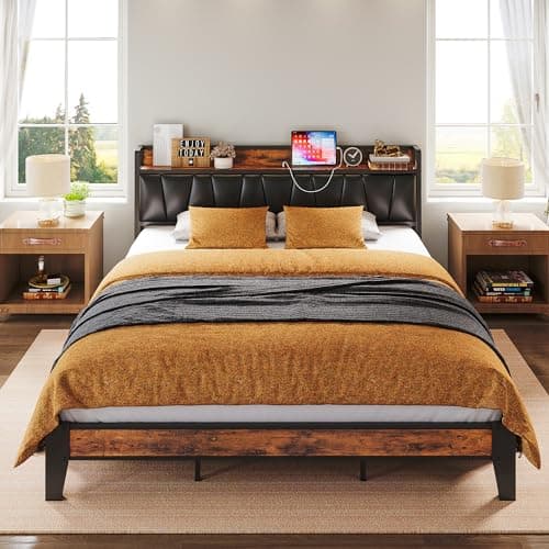 LIKIMIO California King Bed Frame, Storage Headboard with Charging Station, Solid and Stable, Noise Free, No Box Spring Needed, Easy Assembly (Vintage and Black) - Image 1
