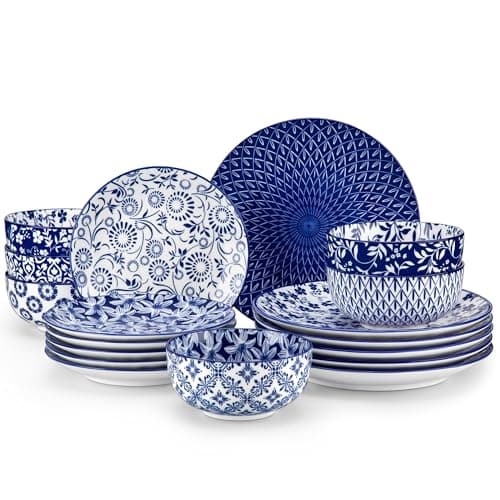 vancasso SELENE Plates and Bowls Set for 6, 18 Pieces Dinnerware Sets, Mircowave and Dishwasher Safe Dishes Set, Porcelain Blue Dinnerware - Image 1
