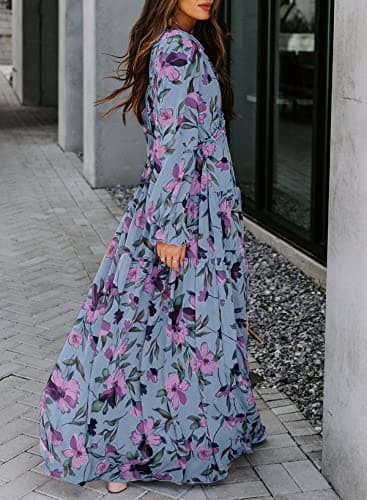 BLENCOT Women's Casual Boho Floral Printed Deep V Neck Loose Long Sleeve Long Evening Dress Ruched Cocktail Party Maxi Wedding Dress Blue Medium - Image 7