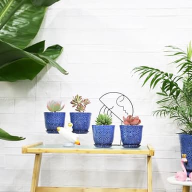 Gepege Succulent Pots, 4 Inch Small Indoor Ceramic Planter Pot with Drainage Holes and Saucers for Plants- Blue - Set of 4 - Image 5