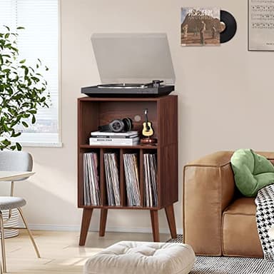 Lerliuo Record Player Stand, Walnut Turntable Stand Holds up to 160 Albums, Mid-Century Vinyl Storage Cabinet Table with Solid Wood Legs, Record Player Holder Dispaly Shelf for Bedroom Living Room - Image 2