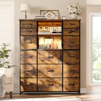 EnHomee 51" H Dresser with 15 Drawers Dresser for Bedroom with Charging Station & LED Lights & Hutch Sturdy Fabric Bedroom Dressers, Steel Frame, Wood Top, Rustic Brown, 51.2" H x 39.3" W x 11.8" D - Image 2