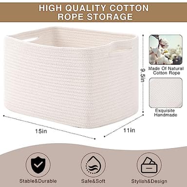 ICERZCZ Storage Baskets for Organizing Shelves, Woven Cotton Rope Bins for Baby Nursery Organization, Book Toy Towel Organizer, 15"x11"x9.5", 3 Packs, Off White - Image 3