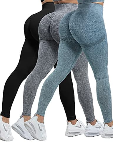 CHRLEISURE Workout Leggings Sets for Women, Gym Scrunch Butt Butt Lifting Seamless Leggings 3 Piece (Black, DGray, Blue, L)-1 - Image 1