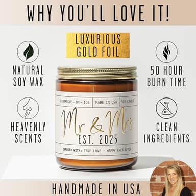 Wedding Gifts for Couples 2025, Bridal Shower Gifts from Bride - 'Mr & Mrs Est. 2025 Candle, w/Champagne on Ice I Wedding Shower for Newlyweds I 50Hr Burn, USA Made - Image 9