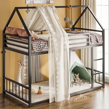 LIKIMIO Bunk Bed Twin Over Twin, House Bunk Bed Frame with Ladder and Guardrail, House Shaped with Metal Slats for Dormitory and Bedroom, Space Saving, No Box Spring Needed, Black - Image 1