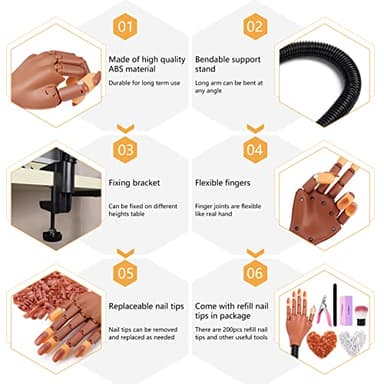 LIONVISON Practice Hand for Acrylic Nails, Flexible Nail Practice Hands Training Kits, Fake Manican Hands for Nails Practice, Movable Nail Maniquin Hand with 300PCS Nail Tips, File, Brush and Clipper - Image 4