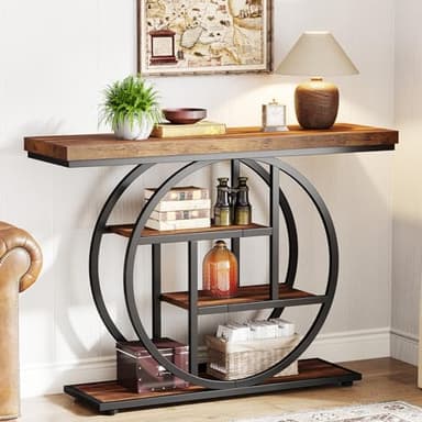Tribesigns 41.3" Console Table, Industrial 4-Tier Sofa Table Entryway Table with Circle Base, Narrow Wood Accent Tables with Storage Shelves for Living Room, Hallway, Foyer, Rustic Brown - Image 1