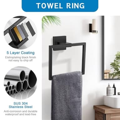5 Pieces Bathroom Hardware Accessories Set Black Towel Bar Set Towel Holder Racks Set for Bathroom,SUS304 Stainless Steel,Wall Mounted 23.6-Inch - Image 5