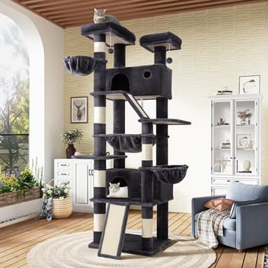 SHA CERLIN 81in Multi-Level Tall Cat Tree Tower for Indoor Kitties/Larger Cat Condo Furniture with Hammock/Cozy Pussycat Perches/Sisal Scratching Posts/Pet House/Wide Base/Dark Grey - Image 1