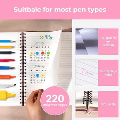 CAGIE 5 Subject Notebook College Ruled, Small Spiral Notebook 5x7 with Divider Tabs, A5 Spiral Notebooks for Women, 240 Pages Spiral Note book for School Note Taking, Pink - Image 4