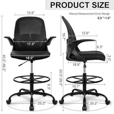Primy Drafting Chair Tall Office Chair with Flip-up Armrests Executive Ergonomic Computer Standing Desk Chair with Lumbar Support and Adjustable Footrest Ring (Black) - Image 3