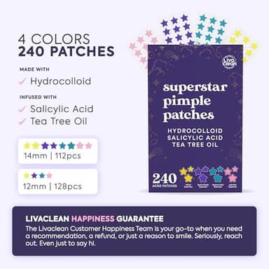 LivaClean Star Pimple Patches for Face w/Hydrocolloid, Salicylic Acid & Tea Tree, 240 Patches, Hydrocolloid Acne Patch, Cute Star Pimple Patch for Healing Stickers Zit Superstar - Image 2