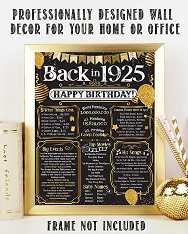 100th Birthday Party Decorations for 100th Birthday (One-hundred) - Remembering The Year 1925 Poster - Gifts for Men and Women Turning 100 - Back In 1925 Birthday Card Decorations 11x14 Unframed Print - Image 8