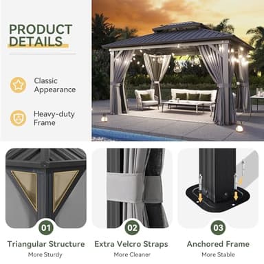 Aoxun 10'x14' Hardtop Gazebo, Aluminum Frame Canopy with Double Galvanized Steel Roof, Outdoor Metal Pavilion with Netting, Curtains for Backyard, Patio and Deck - Image 6